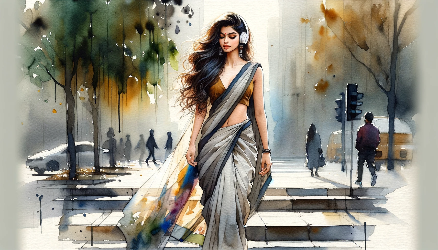 DALL·E 2023-12-15 01.13.37 - Full-body modern watercolor painting of a young fair-skinned Bengali model, 23 years old, walking on sidesteps. She is wearing a Saree with a Deep V-n.png